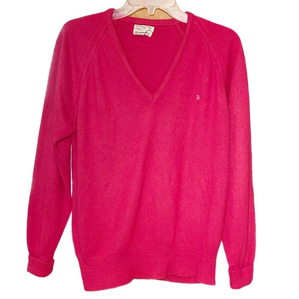Vintage Christian Dior V Neck Sweater Hot Pink Medium